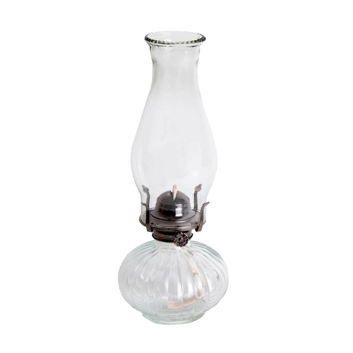 Clear glass oil lamp chimney with a crimped top and 1-4/7" base, suitable for Lamps & Lighting, Parts and Accessories, Chimneys and Globes, Best Sellers, and Promo Eligible collections.