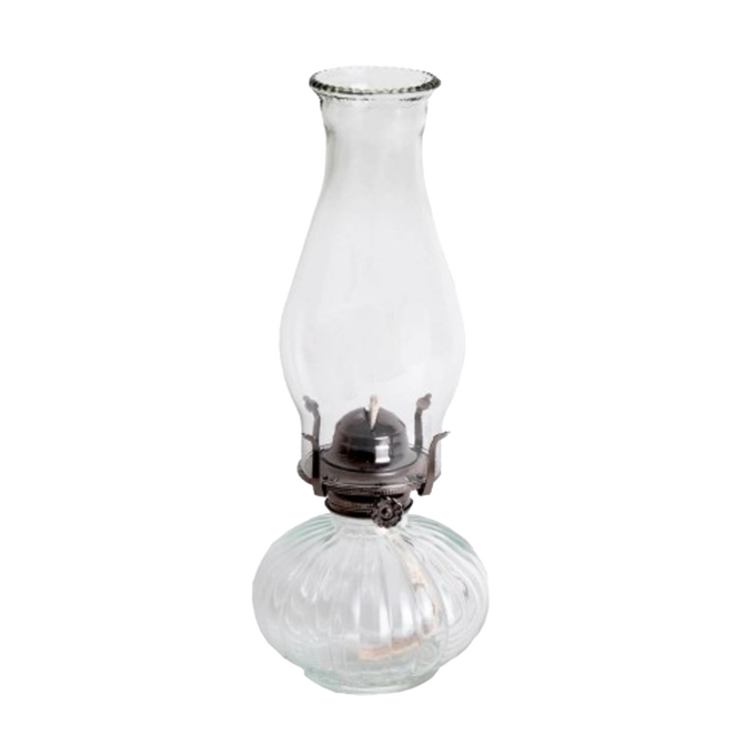 Clear glass oil lamp chimney with a crimped top and 1-4/7" base, suitable for Lamps & Lighting, Parts and Accessories, Chimneys and Globes, Best Sellers, and Promo Eligible collections.