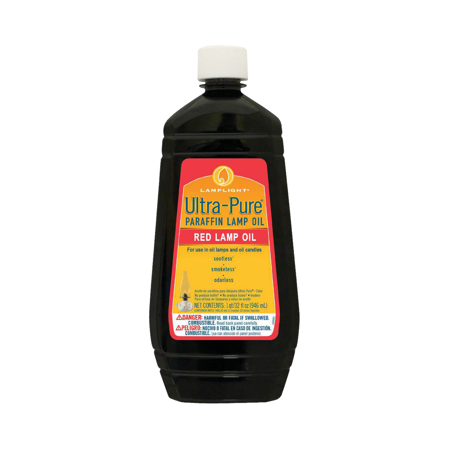 Bottle of red ultra-pure paraffin lamp oil with a white cap and labeled container highlighting sootless, smokeless, and odorless fuel for oil lamps and candles, part of Lamps & Lighting, Parts and Accessories, Lamp and Lantern Fuel, Best Sellers, and Promo Eligible collections.