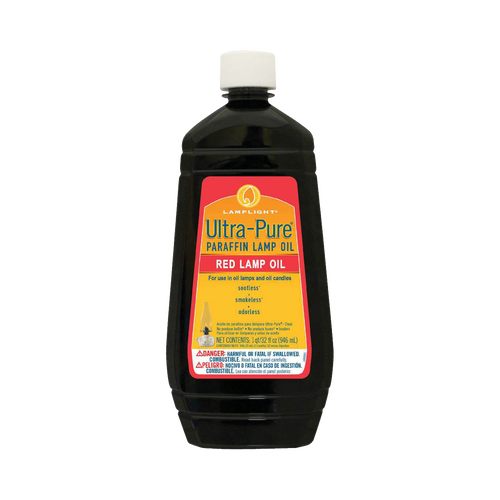 Bottle of red ultra-pure paraffin lamp oil with a white cap and labeled container highlighting sootless, smokeless, and odorless fuel for oil lamps and candles, part of Lamps & Lighting, Parts and Accessories, Lamp and Lantern Fuel, Best Sellers, and Promo Eligible collections.