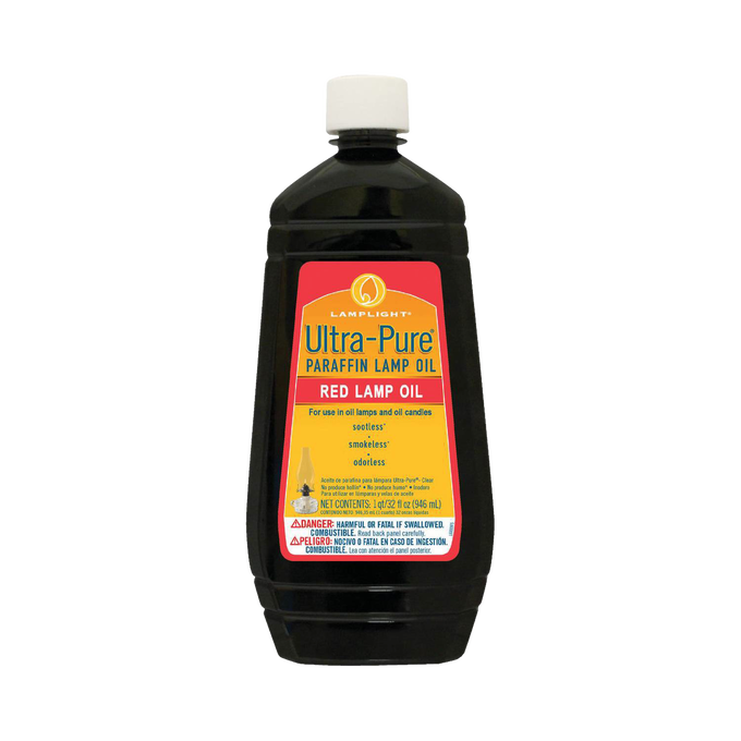 Bottle of red ultra-pure paraffin lamp oil with a white cap and labeled container highlighting sootless, smokeless, and odorless fuel for oil lamps and candles, part of Lamps & Lighting, Parts and Accessories, Lamp and Lantern Fuel, Best Sellers, and Promo Eligible collections.