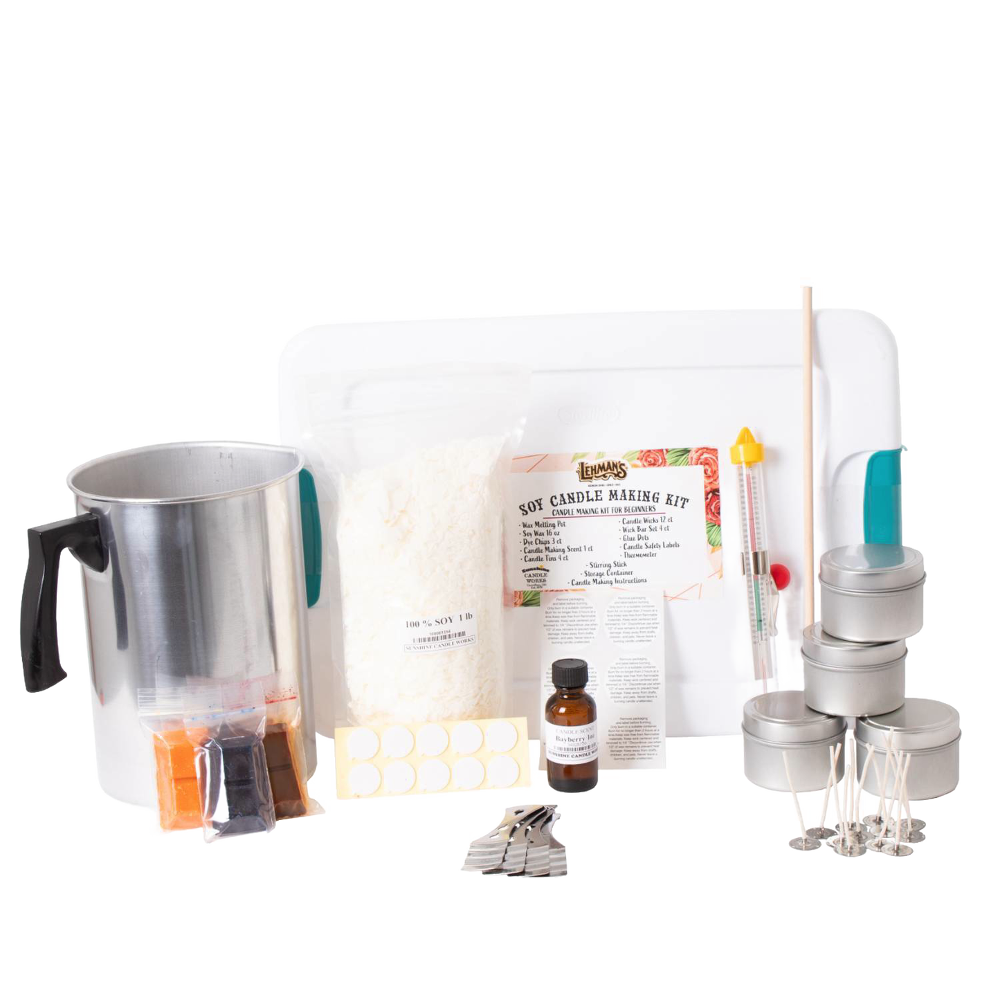 Handcrafted soy candle making kit featuring a metal melting pot, soy wax flakes, scented oil, metal tins with lids, wick sustainers, dye chips, thermometer, and wooden stirring stick, perfect for lamps and lighting, candlemaking supplies, and best sellers collections.