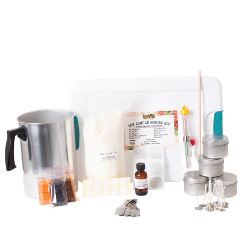 Handcrafted soy candle making kit featuring a metal melting pot, soy wax flakes, scented oil, metal tins with lids, wick sustainers, dye chips, thermometer, and wooden stirring stick, perfect for lamps and lighting, candlemaking supplies, and best sellers collections.