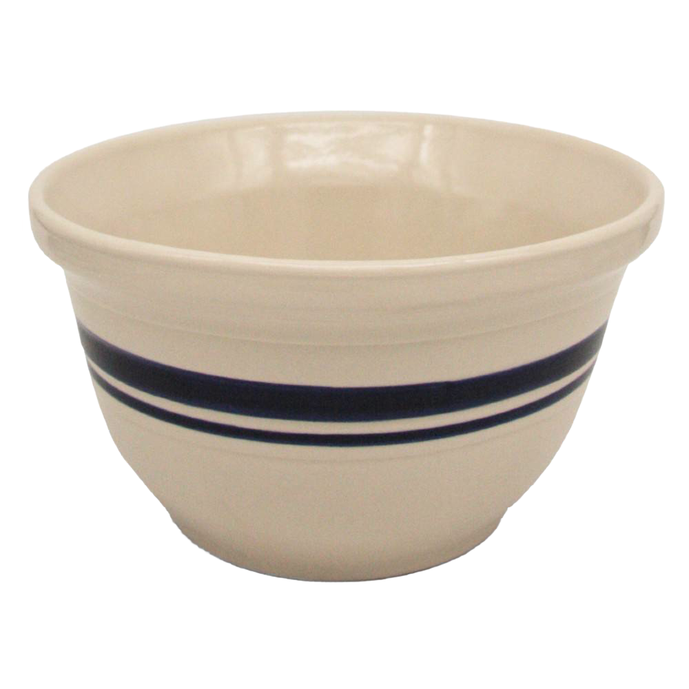 Hefty cream stoneware mixing bowl with hand-painted blue stripes, crafted in the USA, perfect for Kitchen & Food, Cookware, Baking Supplies, and Storage collections.
