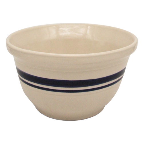 Hefty cream stoneware mixing bowl with hand-painted blue stripes, crafted in the USA, perfect for Kitchen & Food, Cookware, Baking Supplies, and Storage collections.