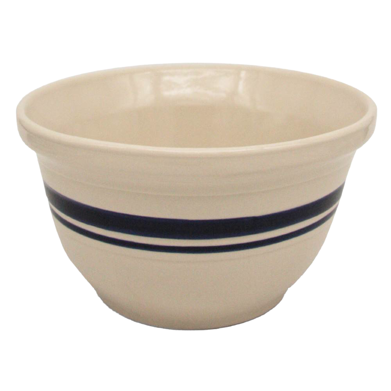 Hefty cream stoneware mixing bowl with hand-painted blue stripes, crafted in the USA, perfect for Kitchen & Food, Cookware, Baking Supplies, and Storage collections.