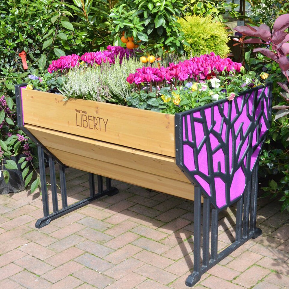 Handcrafted elevated garden bed with natural wood panels and decorative purple end panels, designed for space-saving planting, featured in Farm, Garden & Tool and Garden Accessories collections.