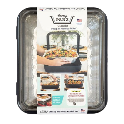 Black Fancy Panz cover with clear removable window securely holding a foil pan filled with food, shown on a kitchen counter, ideal for Kitchen Accessories, Storage and Serving, and USA Made collections.