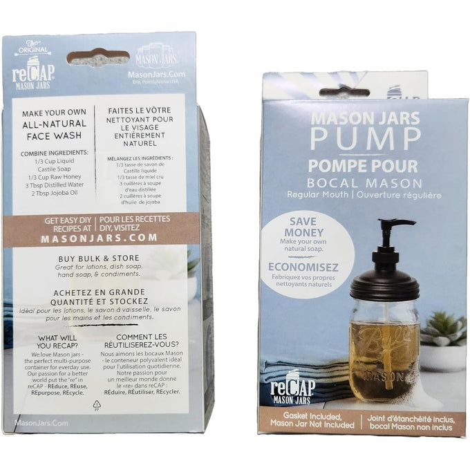 Package of a black pump lid designed for regular-mouth mason jars, promoting eco-friendly use in Health & Wellness, Home & Decor, and Household Helpers with made in USA quality.