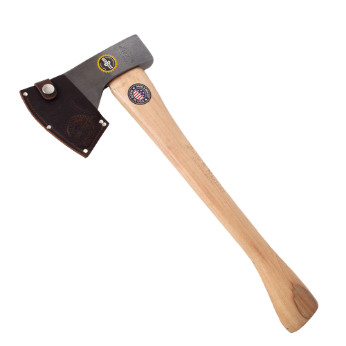 Handcrafted kindling axe with a high carbon steel blade and smooth hickory handle, featuring a genuine leather blade guard, ideal for farm, garden, camping, and woodcutting tasks.