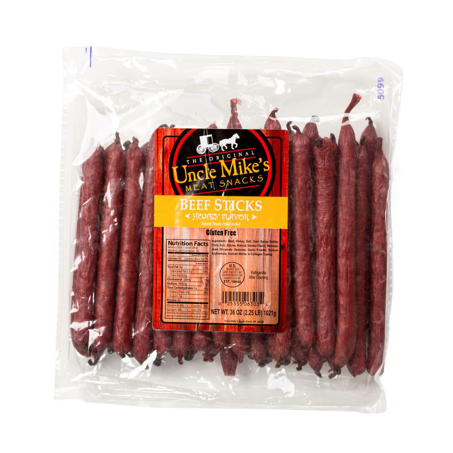 Clear resealable pack of handcrafted hickory-flavored beef sticks, made in USA, ideal for Kitchen & Food, Snacks and Sweets, Meats, Holiday Hosting, Best Sellers, and Promo Eligible collections.