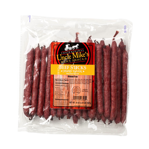 Clear resealable pack of handcrafted hickory-flavored beef sticks, made in USA, ideal for Kitchen & Food, Snacks and Sweets, Meats, Holiday Hosting, Best Sellers, and Promo Eligible collections.