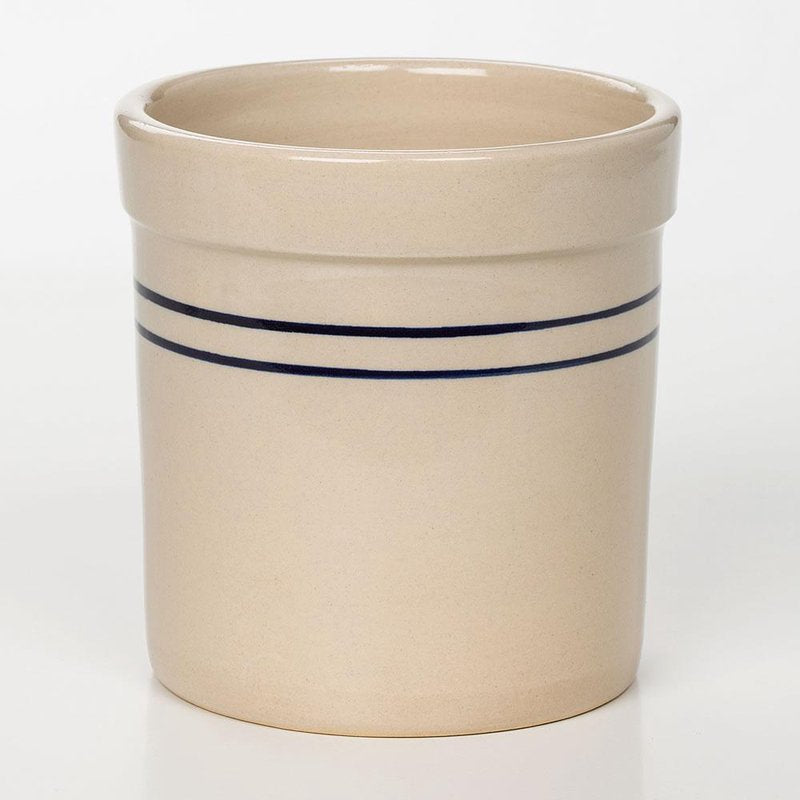 Handcrafted stoneware crock with double blue stripes, ideal for food preservation, fermenting, and kitchen use, featuring a traditional design made in the USA.