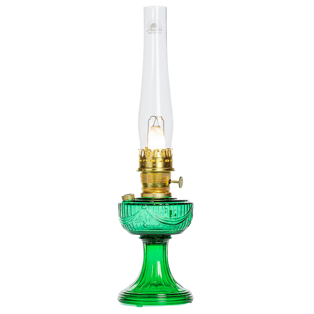 Handcrafted oil lamp with a vibrant emerald glass base featuring a dramatic Lincoln drape design, brass trim, and tall clear chimney, ideal for Lamps & Lighting, Oil Lamps, Table Lamps, Best Sellers, and Promo Eligible collections.