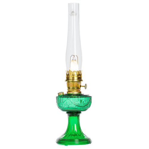 Handcrafted oil lamp with a vibrant emerald glass base featuring a dramatic Lincoln drape design, brass trim, and tall clear chimney, ideal for Lamps & Lighting, Oil Lamps, Table Lamps, Best Sellers, and Promo Eligible collections.