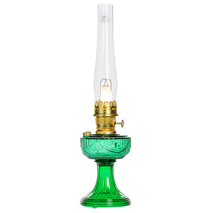 Handcrafted oil lamp with a vibrant emerald glass base featuring a dramatic Lincoln drape design, brass trim, and tall clear chimney, ideal for Lamps & Lighting, Oil Lamps, Table Lamps, Best Sellers, and Promo Eligible collections.