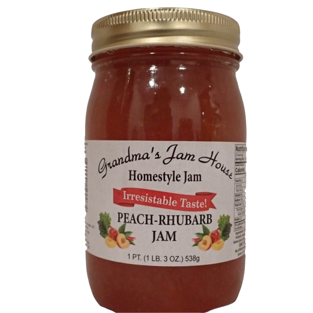 Handcrafted jar of peach-rhubarb homestyle jam with gold metal lid and white label featuring fruit illustrations and "Irresistible Taste" banner, made in USA, ideal for Kitchen & Food, Pantry, Peanut Butter & Jellies, Best Sellers, and Promo Eligible collections.