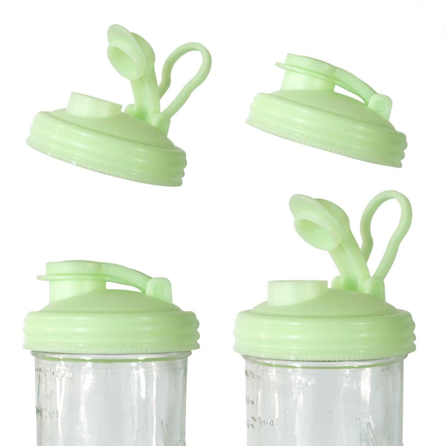 Set of pale green wide-mouth pour lids with flip-top spouts and carry loops made from durable no-break plastic, designed for mason jars, featured in Kitchen & Food, Kitchen Gadgets, USA Made, and Best Sellers collections.