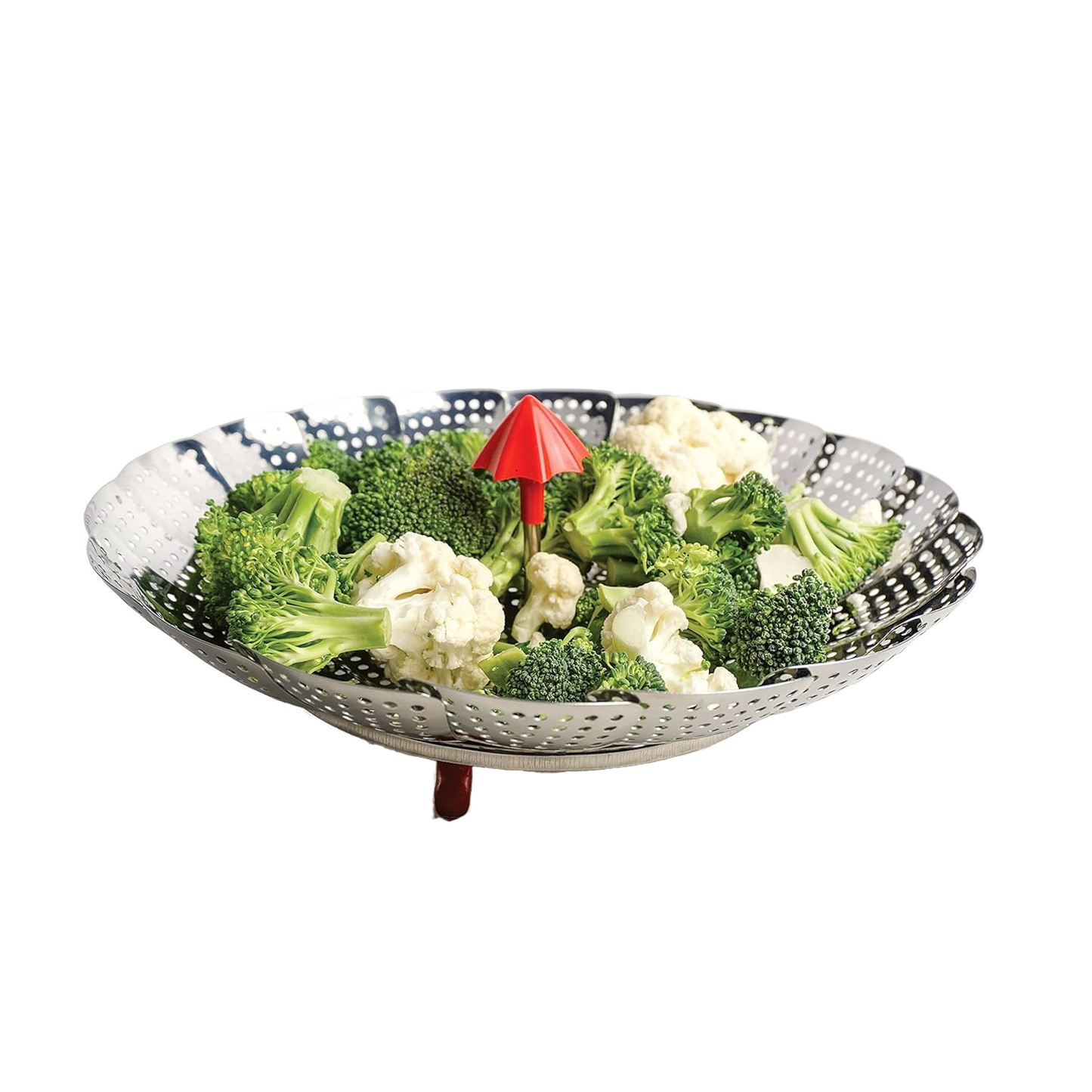 Stainless steel umbrella-style vegetable steamer basket with red handle, holding fresh broccoli and cauliflower, ideal for Kitchen & Food, Cookware, and Cooking Helpers collections.