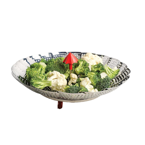 Stainless steel umbrella-style vegetable steamer basket with red handle, holding fresh broccoli and cauliflower, ideal for Kitchen & Food, Cookware, and Cooking Helpers collections.