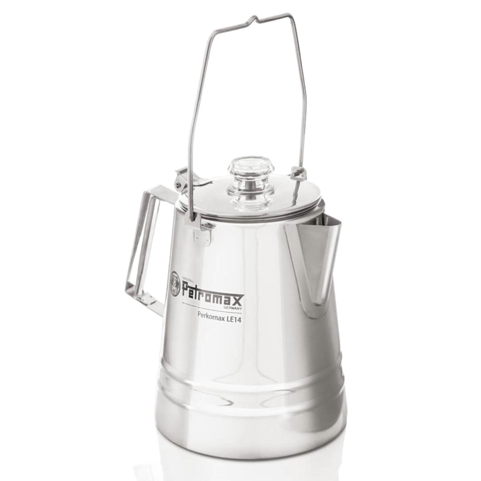 Polished stainless steel percolator with clear glass lid knob, wire bail handle, and angled spout, designed for gentle coffee and tea brewing in Farm, Garden & Tool, Kitchen & Food, Camping, and Brewing Coffee and Tea collections.