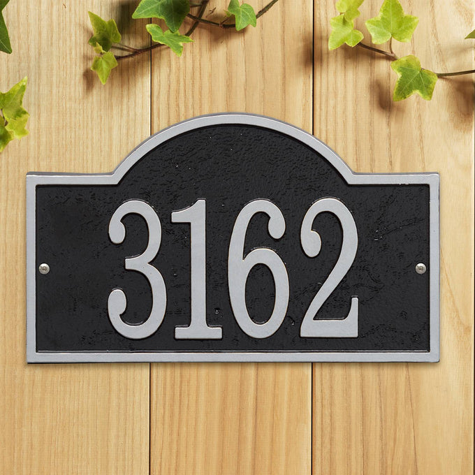 Handcrafted black and silver arched rectangle address plaque displaying house number 3162, adds curb appeal, made in USA, ideal for Home & Decor and Mailboxes and Address Signs collections.