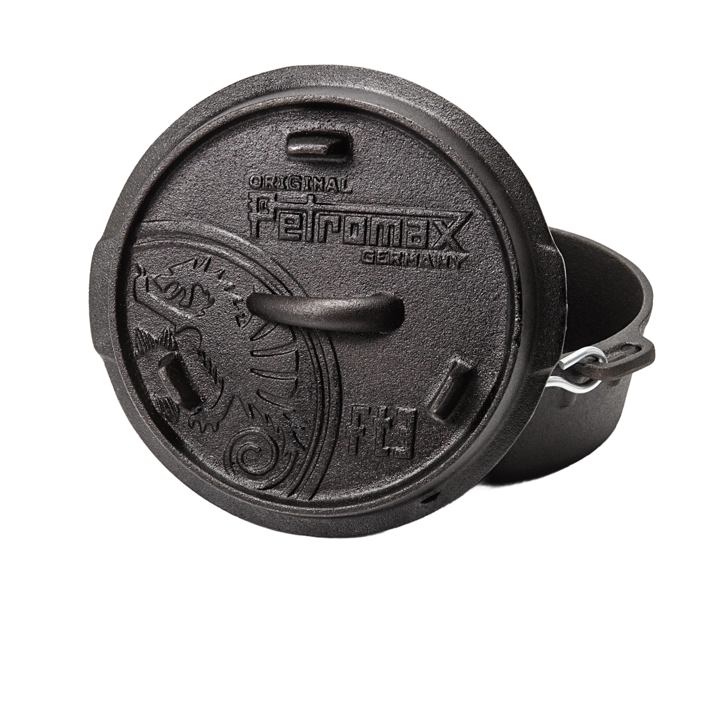 Handcrafted cast iron Dutch oven with flat base and embossed lid featuring a detailed emblem and sturdy metal bail handle, ideal for Kitchen & Food, Cookware, Cast Iron, Best Sellers, Promo Eligible collections.