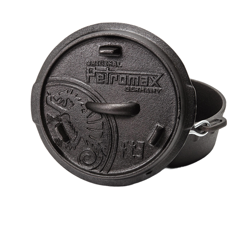 Handcrafted cast iron Dutch oven with flat base and embossed lid featuring a detailed emblem and sturdy metal bail handle, ideal for Kitchen & Food, Cookware, Cast Iron, Best Sellers, Promo Eligible collections.