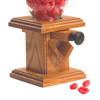Handcrafted Amish-made stained oak candy dispenser with a glass jar filled with red candies, ideal for Kitchen & Food, Snacks and Sweets, Holiday Hosting, Storage and Serving, and USA Made collections.