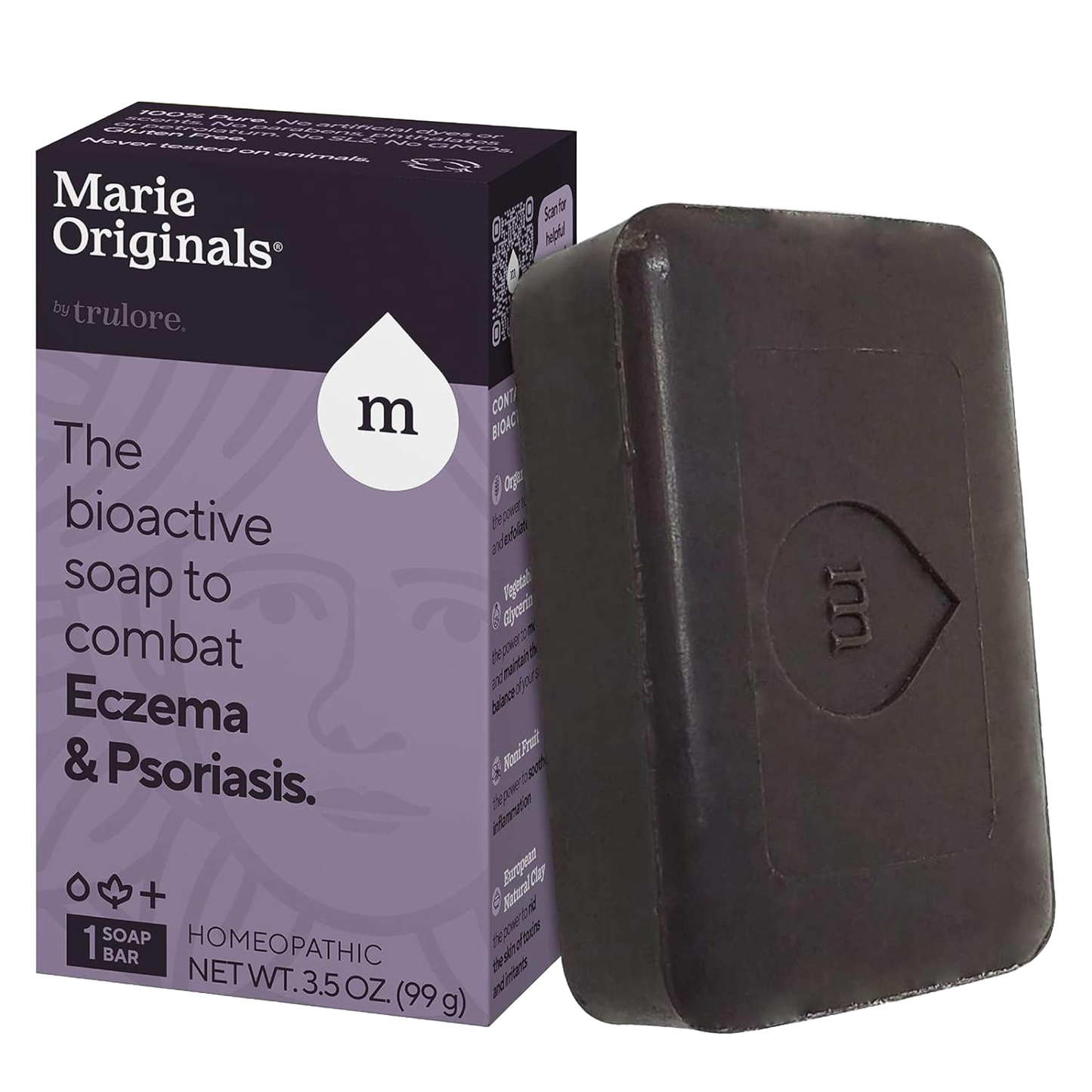 Handcrafted dark brown soap bar embossed with a stylized droplet and letter M, shown next to purple and black packaging highlighting bioactive eczema and psoriasis relief, part of Health & Wellness and Soaps collections.