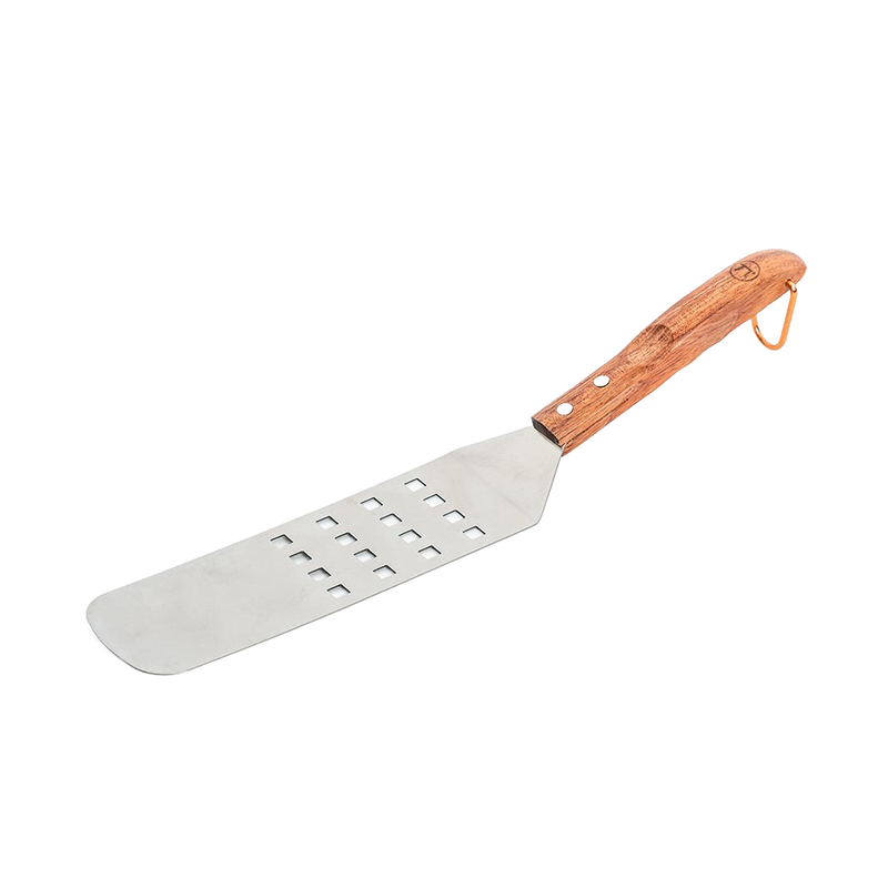 Flexible stainless steel spatula with slotted blade and rosewood handle, designed for effortless flipping and cutting, featured in Kitchen Gadgets, Grilling, and Best Sellers collections.