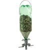 Green repurposed plastic bottle filled with birdseed attached to a solid cast zinc bird feeder adapter with metal hanger, part of Farm, Garden & Tool and USA Made collections.
