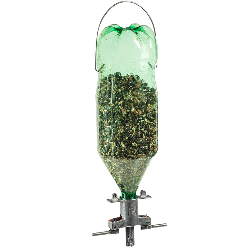 Green repurposed plastic bottle filled with birdseed attached to a solid cast zinc bird feeder adapter with metal hanger, part of Farm, Garden & Tool and USA Made collections.