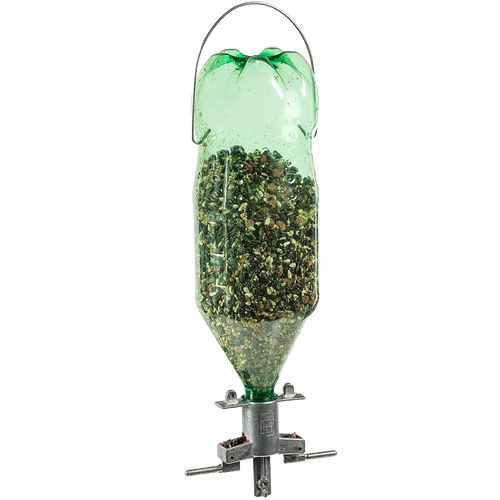 Green repurposed plastic bottle filled with birdseed attached to a solid cast zinc bird feeder adapter with metal hanger, part of Farm, Garden & Tool and USA Made collections.