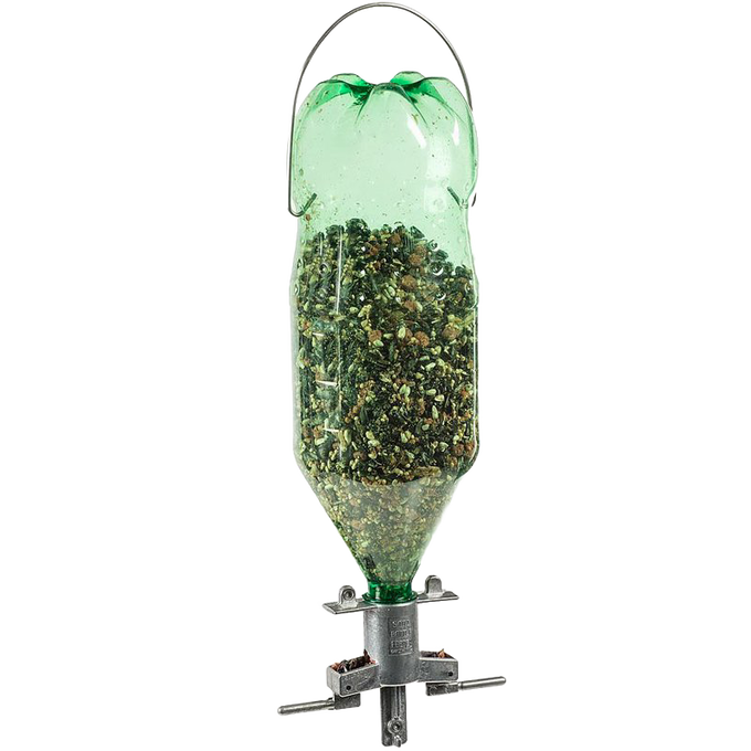 Green repurposed plastic bottle filled with birdseed attached to a solid cast zinc bird feeder adapter with metal hanger, part of Farm, Garden & Tool and USA Made collections.