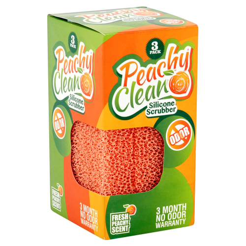 Package of three orange silicone scrubbers designed for odor-resistant dish cleaning with fresh peach scent, featuring a three-month no-odor warranty, ideal for Home & Decor and Household Cleaning collections.