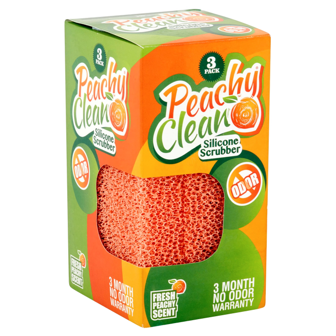 Package of three orange silicone scrubbers designed for odor-resistant dish cleaning with fresh peach scent, featuring a three-month no-odor warranty, ideal for Home & Decor and Household Cleaning collections.