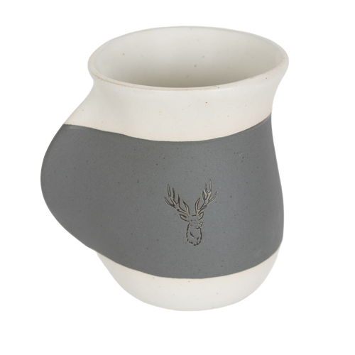 Handcrafted gray and white ceramic mug featuring a stag design and integrated handwarmer pocket, perfect for cozy winter sipping, part of Kitchen & Food, Dinnerware, and Best Sellers collections.