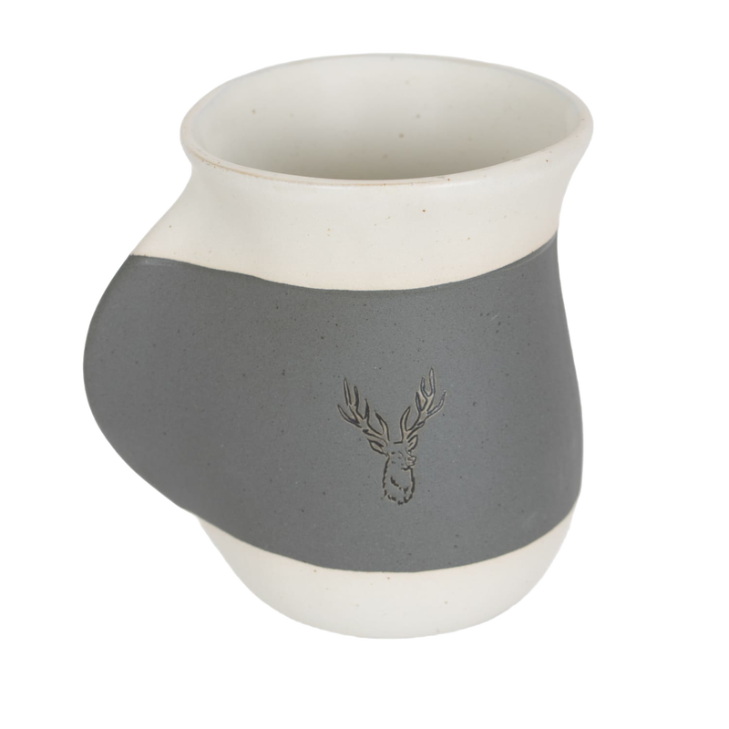 Handcrafted gray and white ceramic mug featuring a stag design and integrated handwarmer pocket, perfect for cozy winter sipping, part of Kitchen & Food, Dinnerware, and Best Sellers collections.