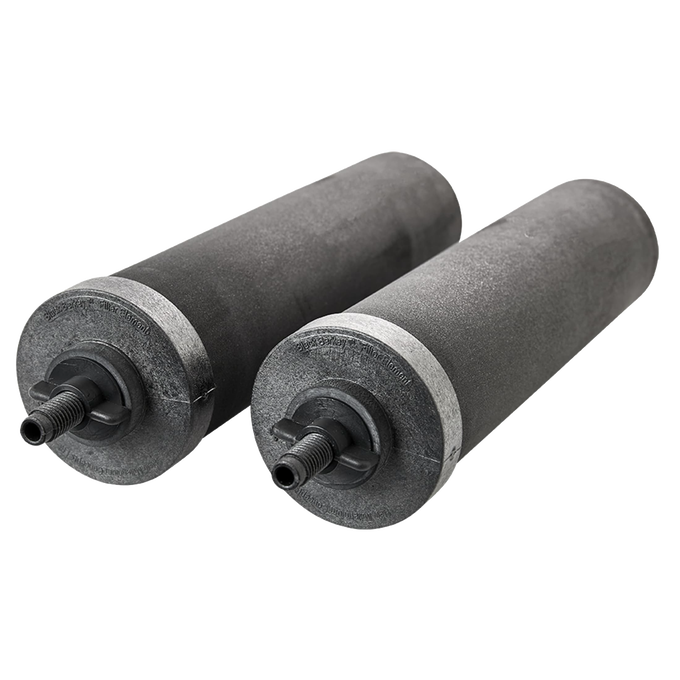 Two black cylindrical replacement water filters with threaded connectors, designed for gravity-fed filtration systems, featured in Appliances and Water Heating and Treatment collections.