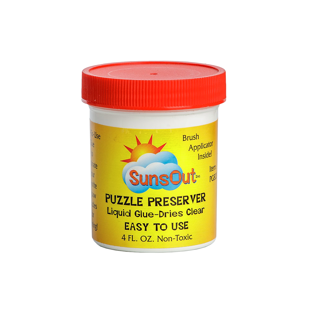Small container of clear-drying liquid glue designed for preserving puzzles, featuring an easy-to-use brush applicator, non-toxic formula, ideal for Toys, Books & Games and puzzle collections.
