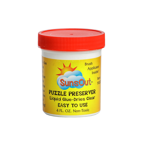 Small container of clear-drying liquid glue designed for preserving puzzles, featuring an easy-to-use brush applicator, non-toxic formula, ideal for Toys, Books & Games and puzzle collections.