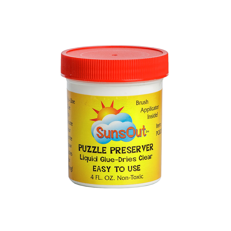 Small container of clear-drying liquid glue designed for preserving puzzles, featuring an easy-to-use brush applicator, non-toxic formula, ideal for Toys, Books & Games and puzzle collections.