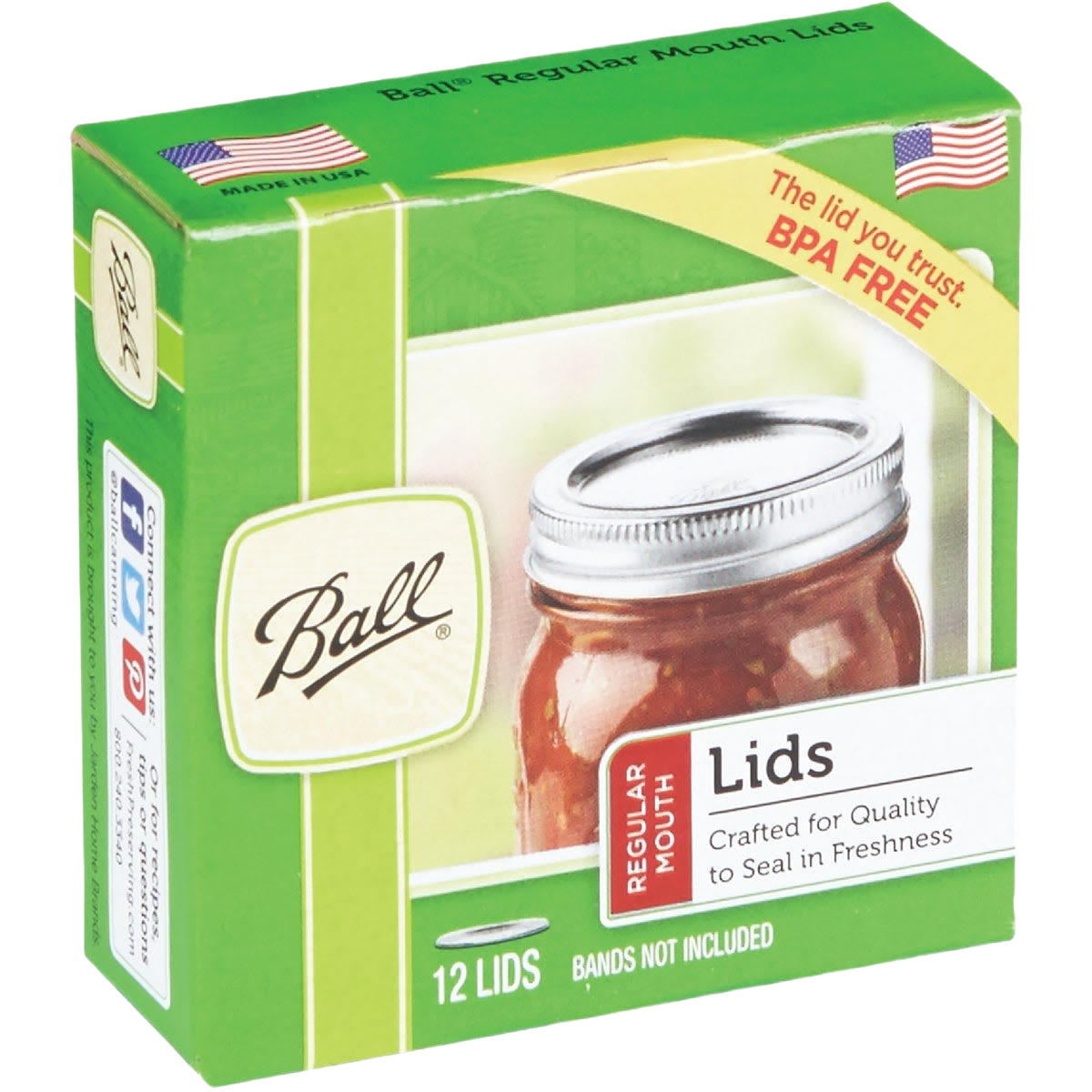 Green and white box of twelve BPA-free Ball regular mouth canning lids made in USA, designed for sealing jars, featured in Kitchen & Food and Food Preservation collections.