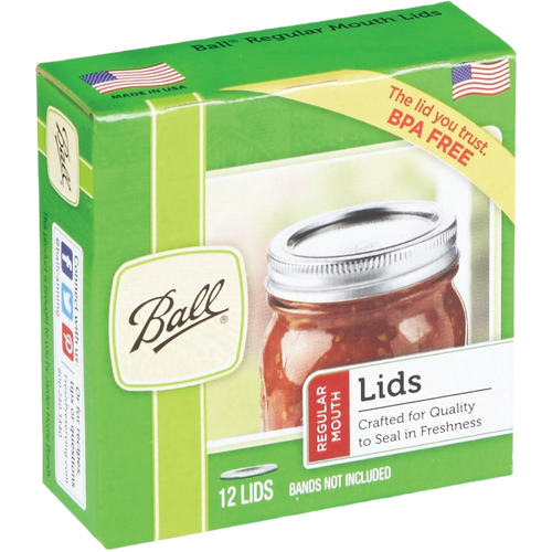 Green and white box of twelve BPA-free Ball regular mouth canning lids made in USA, designed for sealing jars, featured in Kitchen & Food and Food Preservation collections.