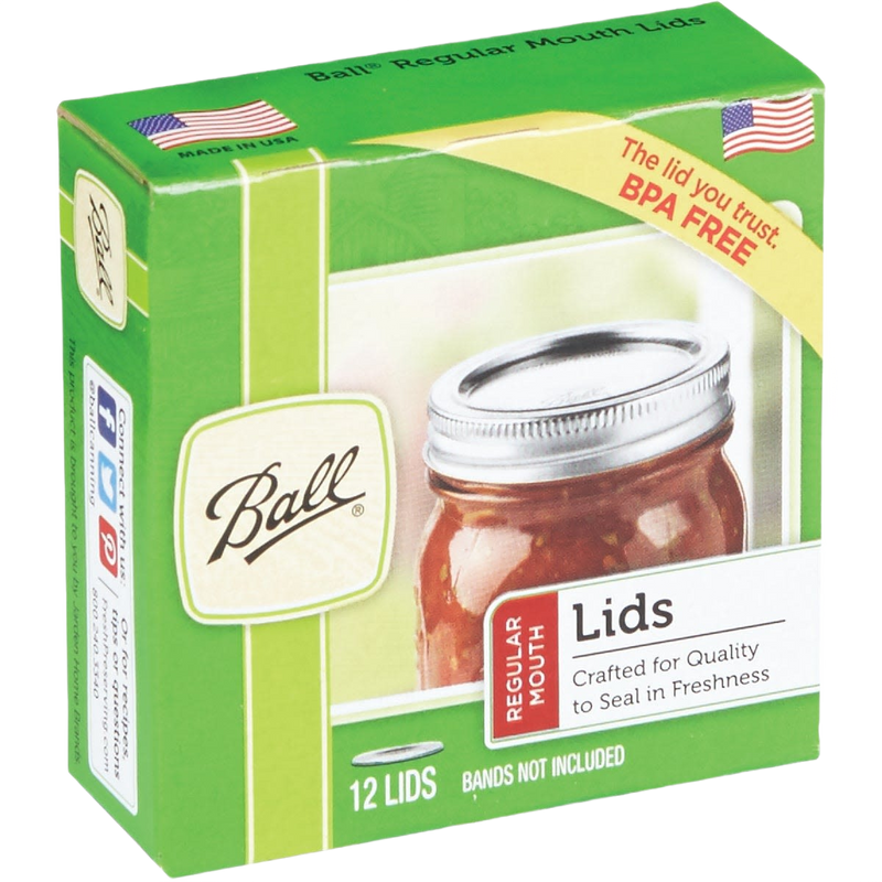 Green and white box of twelve BPA-free Ball regular mouth canning lids made in USA, designed for sealing jars, featured in Kitchen & Food and Food Preservation collections.
