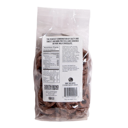 Clear resealable bag of handcrafted chocolate covered mini pretzels in milk chocolate, made in USA, a tasty snack from Kitchen & Food, Snacks and Sweets, Candy, Best Sellers, and Promo Eligible collections.