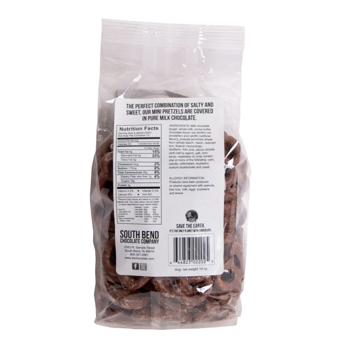 Clear resealable bag of handcrafted chocolate covered mini pretzels in milk chocolate, made in USA, a tasty snack from Kitchen & Food, Snacks and Sweets, Candy, Best Sellers, and Promo Eligible collections.