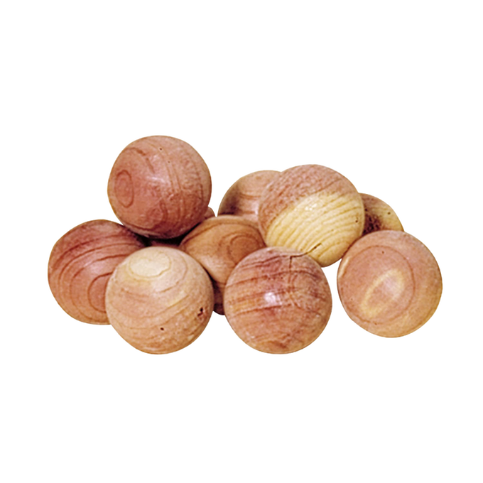 Natural handcrafted red cedar balls with smooth rounded surfaces, ideal for use in closets or drawers to protect clothing, featured in Health & Wellness and Home & Decor collections.