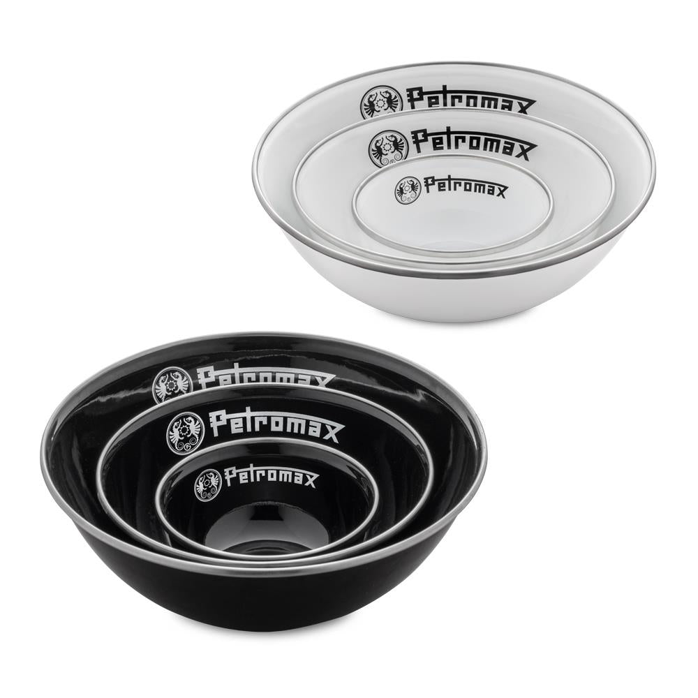 Nested sets of black and white enamel bowls with subtle rims and logos, corrosion- and heat-resistant for outdoor cooking and camping in Farm, Garden & Tool, Kitchen & Food, Dinnerware, Best Sellers, and Promo Eligible collections.